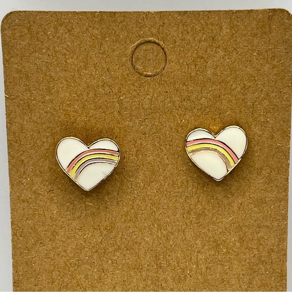 White heart with pastel rainbow stud earrings